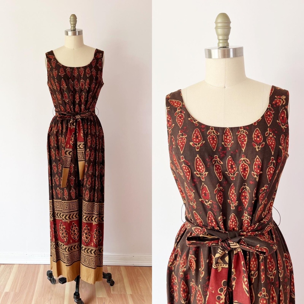 SIZE M/L 1970s Cotton Block Printed Maxi Dress Brown Batik Sleeveless Vintage
